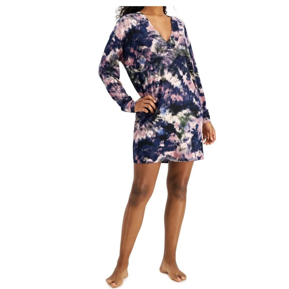 Jenni Women's Soft Knit V-Neck Long Sleeve Sleepshirt, Purple Pink Tie Dye